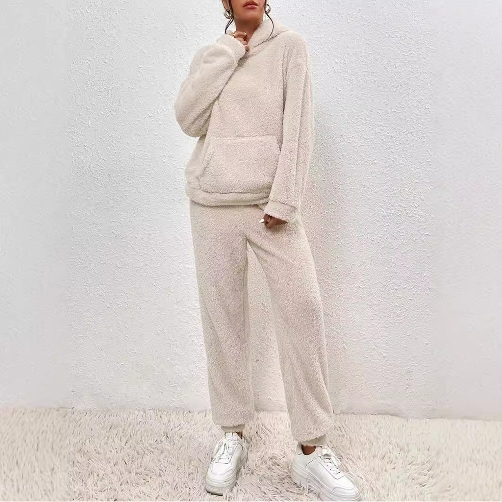 Winter Plush Pajamas Set Fashion, Casual Hoodie and Pants with Elastic - Warm and Soft Homewear for Women