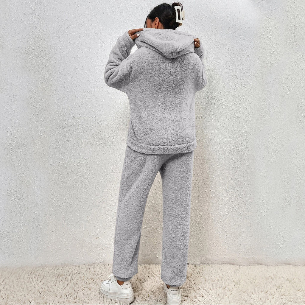 Winter Plush Pajamas Set Fashion, Casual Hoodie and Pants with Elastic - Warm and Soft Homewear for Women