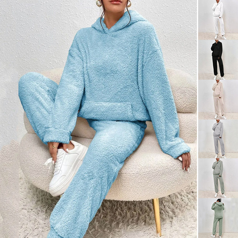 Winter Plush Pajamas Set Fashion, Casual Hoodie and Pants with Elastic - Warm and Soft Homewear for Women