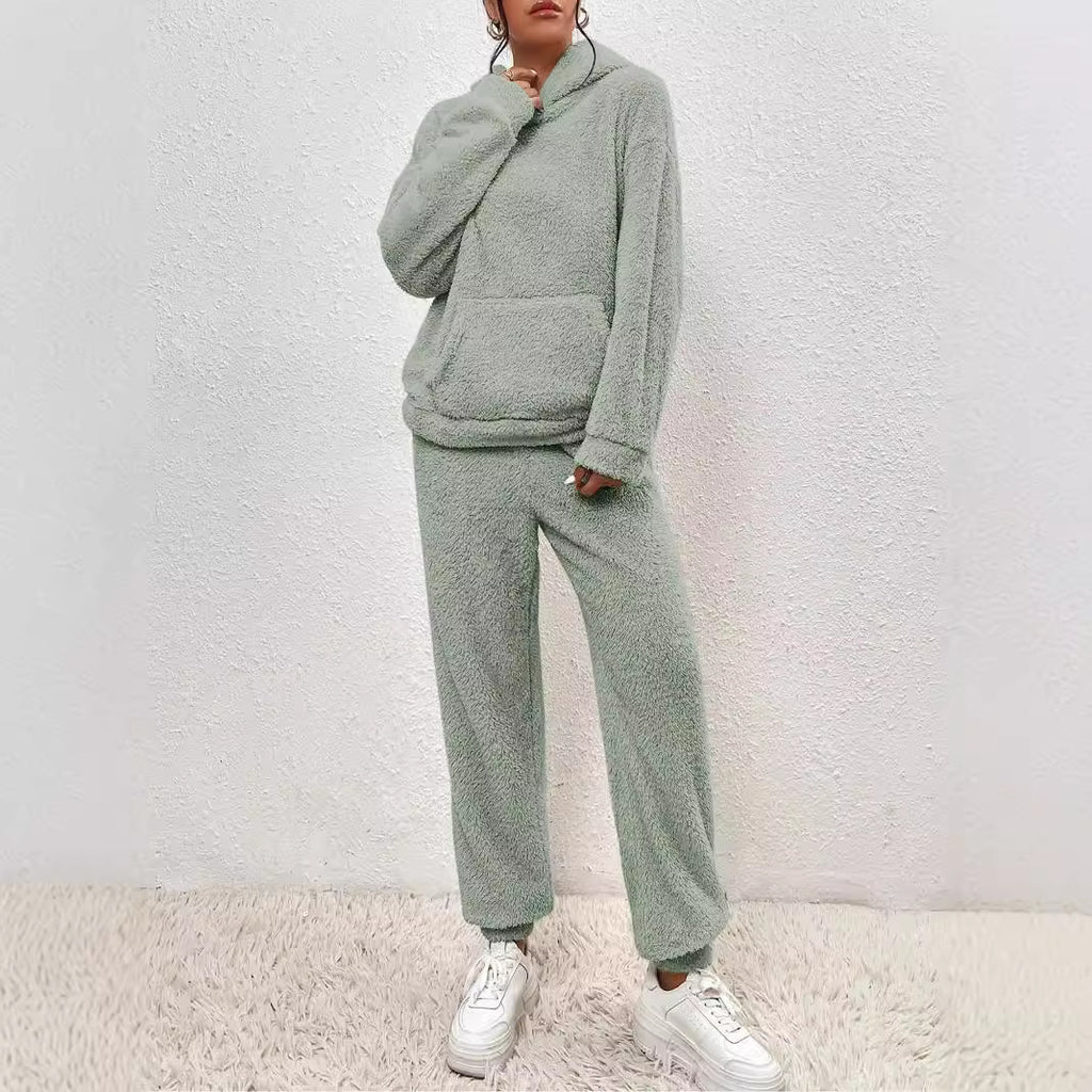 Winter Plush Pajamas Set Fashion, Casual Hoodie and Pants with Elastic - Warm and Soft Homewear for Women