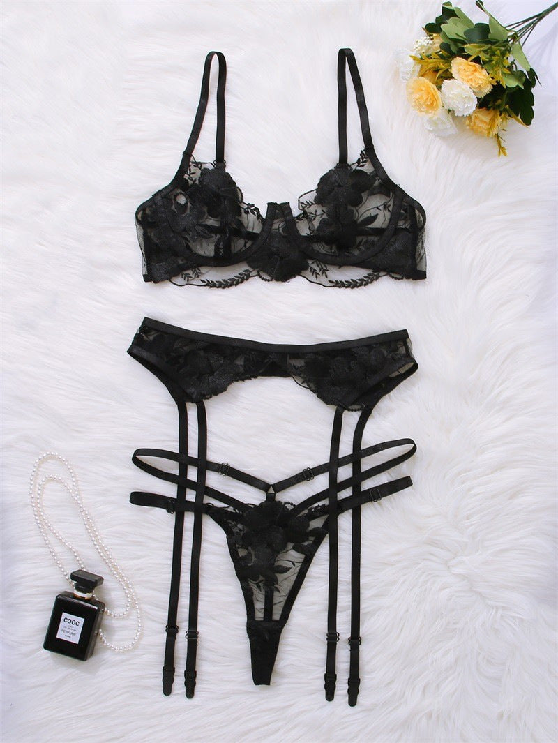 New Embroidered Sexy Lingerie Set – 3-delars Underklädesset med Bygel