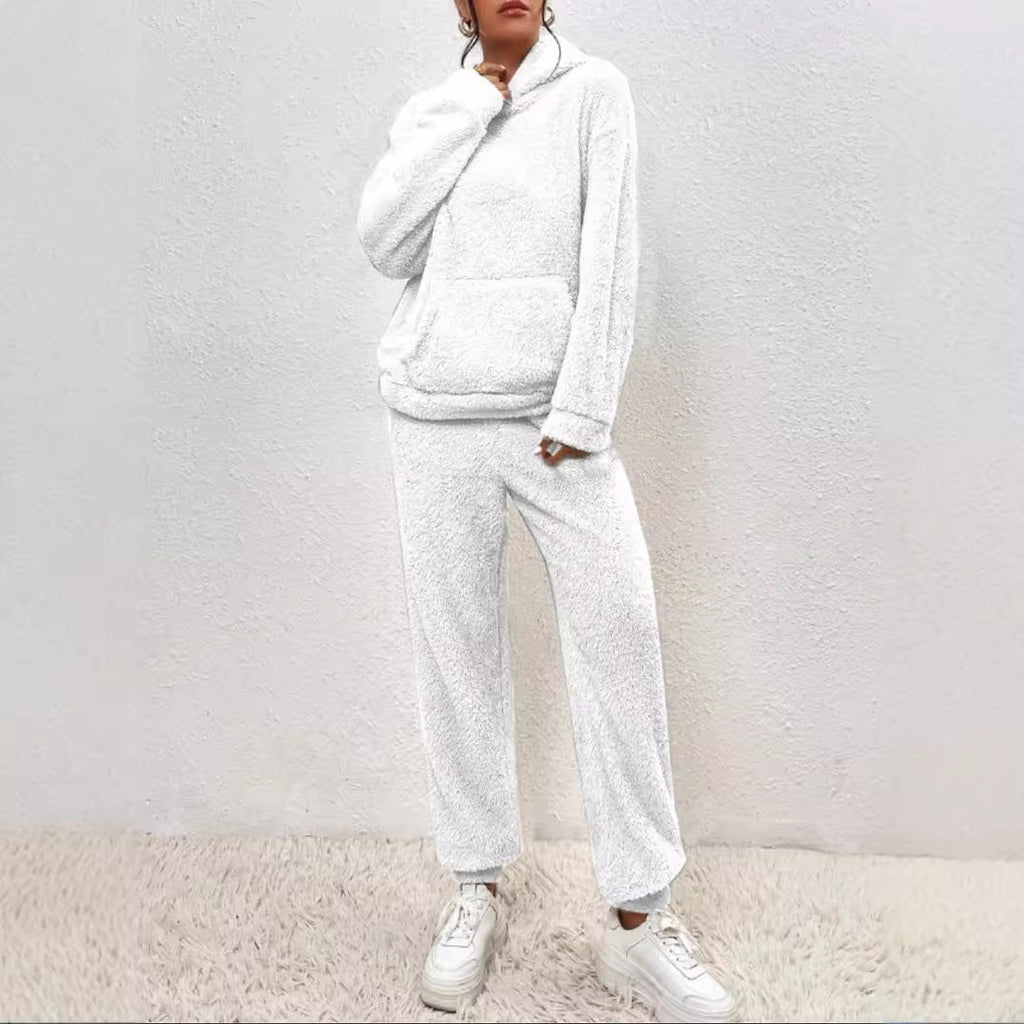 Winter Plush Pajamas Set Fashion, Casual Hoodie and Pants with Elastic - Warm and Soft Homewear for Women