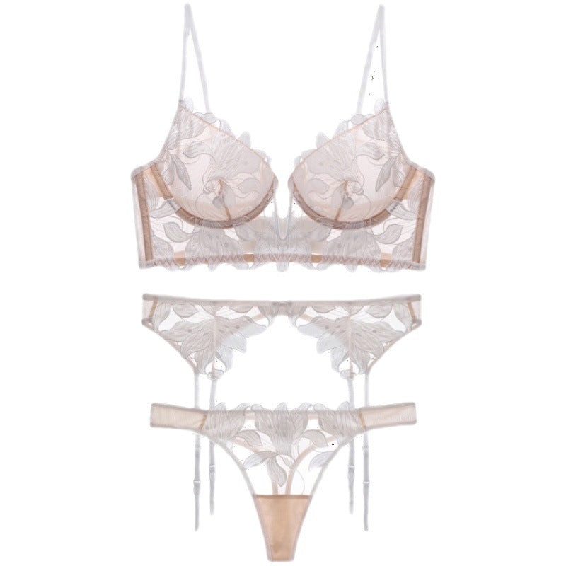French Lace Heavy Embroidery Bra & Garter Set