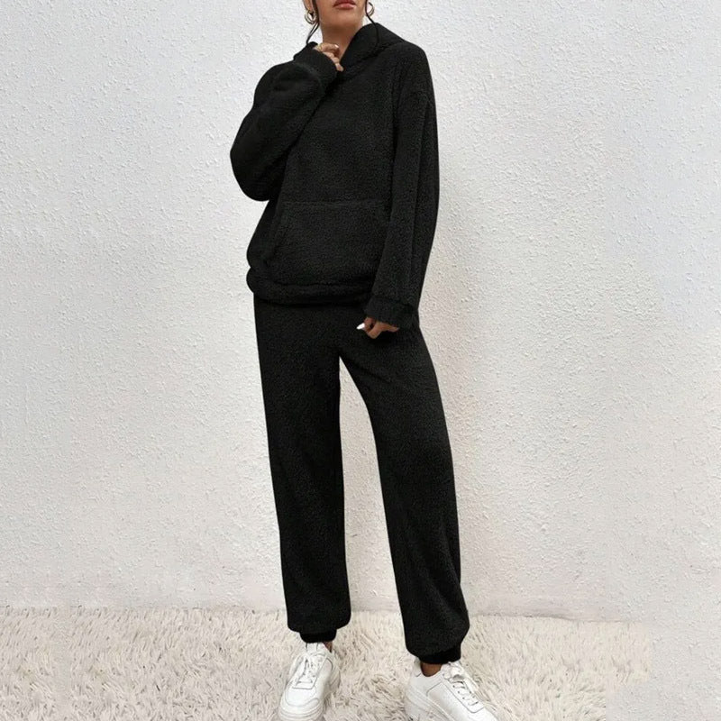 Winter Plush Pajamas Set Fashion, Casual Hoodie and Pants with Elastic - Warm and Soft Homewear for Women