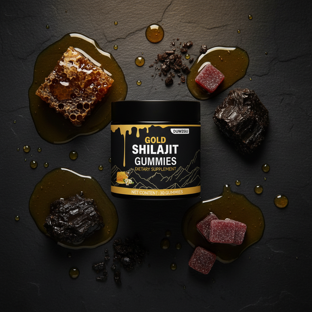 Gold Shilajit flat lay with honey and gummies
