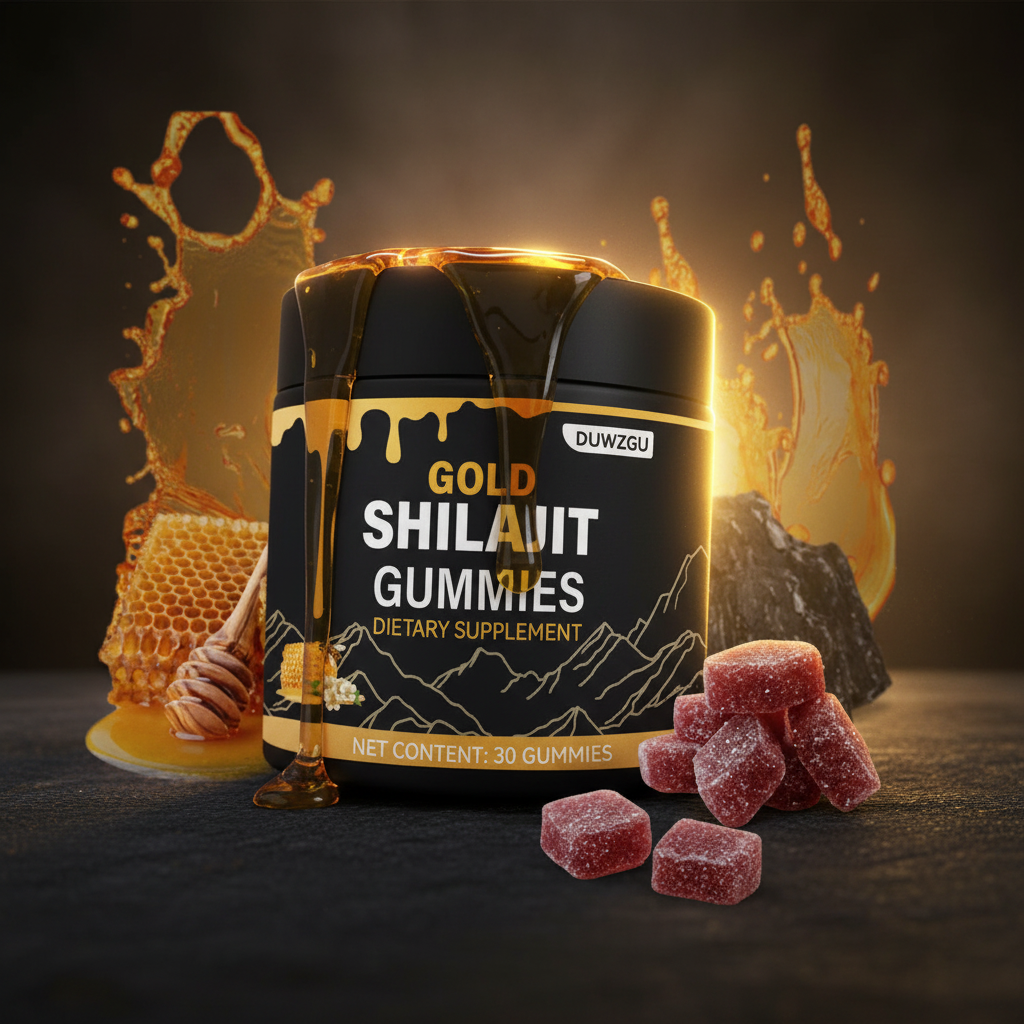 Gold Shilajit three-quarter angle with gummies spilling